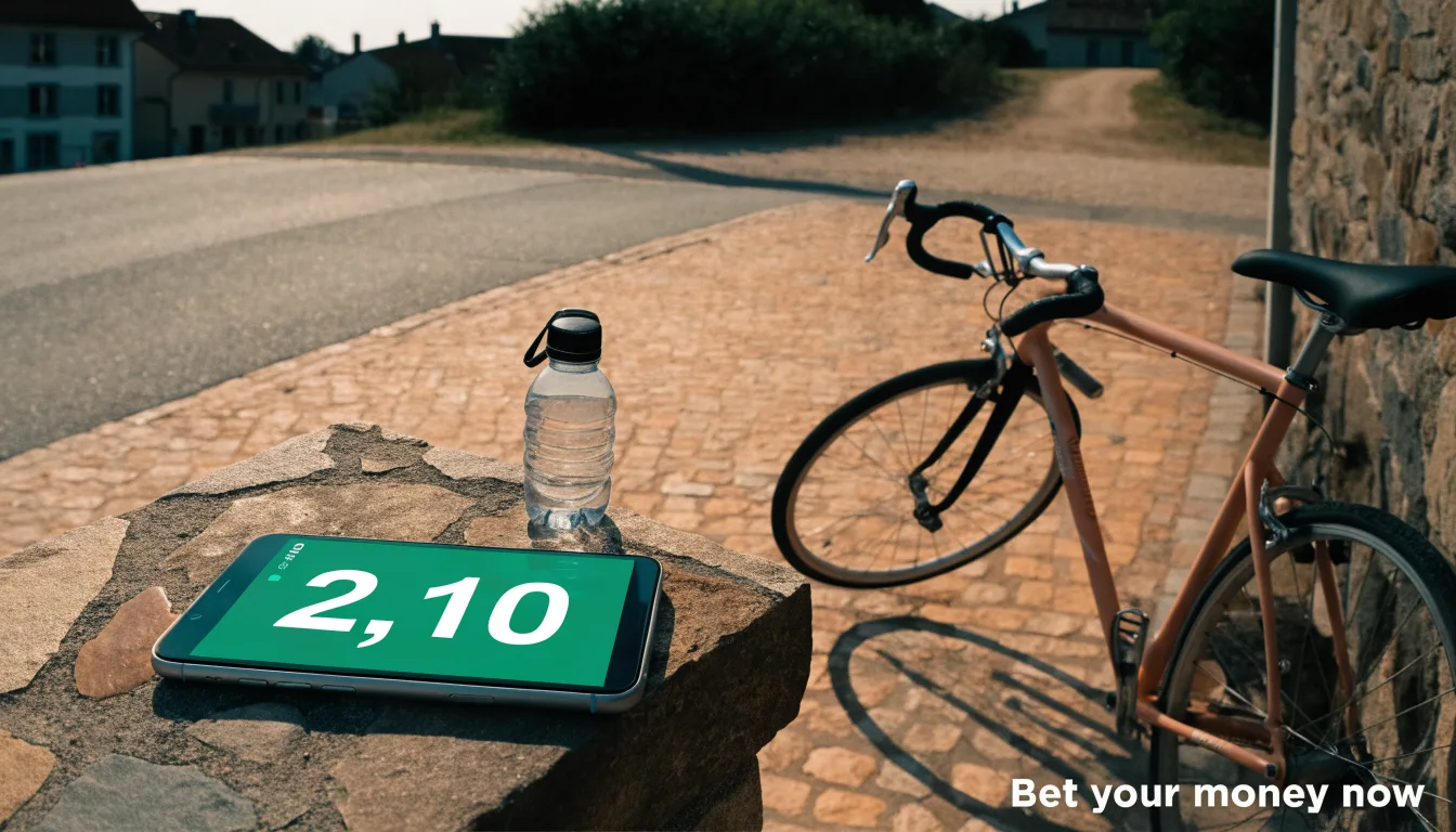 Ein Rennrad lehnt an einer Steinmauer am Rand eines Dorfplatzes, daneben eine Trinkflasche im ersten Sonnenlicht.