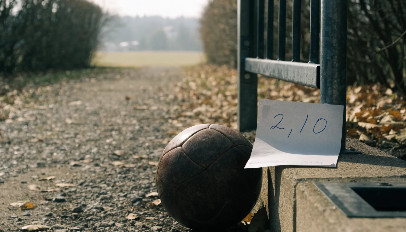 Ein abgenutzter Fussball liegt auf einem Kiesweg neben dem Eingang eines Vereinsplatzes, Laub liegt auf dem Boden.