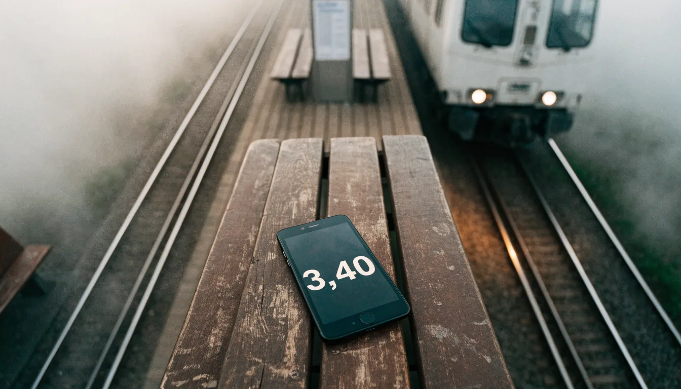 Ein Bahnsteig mit leeren Bänken an einem Regionalbahnhof am Morgen, ein Zug fährt in der Ferne ein.