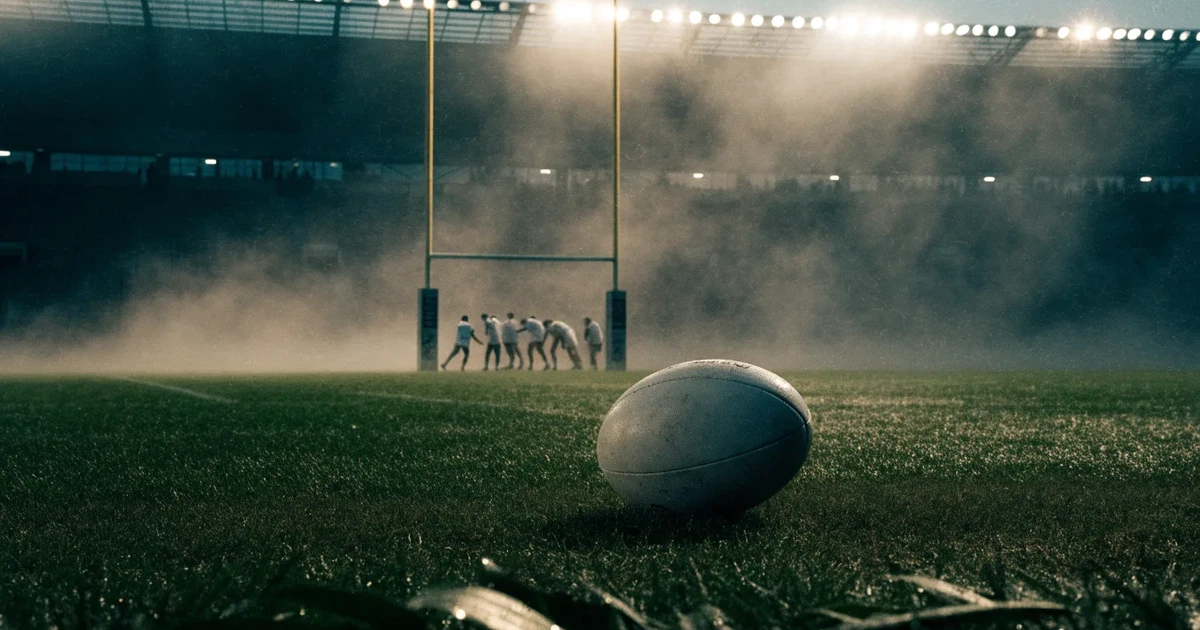 Ein ovaler Rugbyball liegt auf feuchtem Rasen vor zwei hohen Torstangen, hinter dem Spielfeld steigen Nebelschwaden auf.