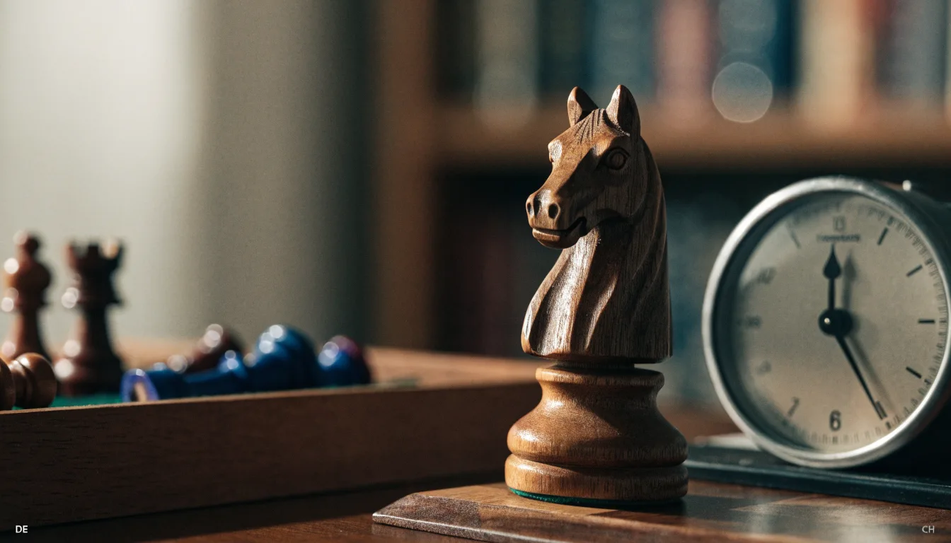 Ein Springer aus Holz steht allein auf einem Brett neben einer Schachuhr aus Metall, im Hintergrund unscharfe Bücherregale.