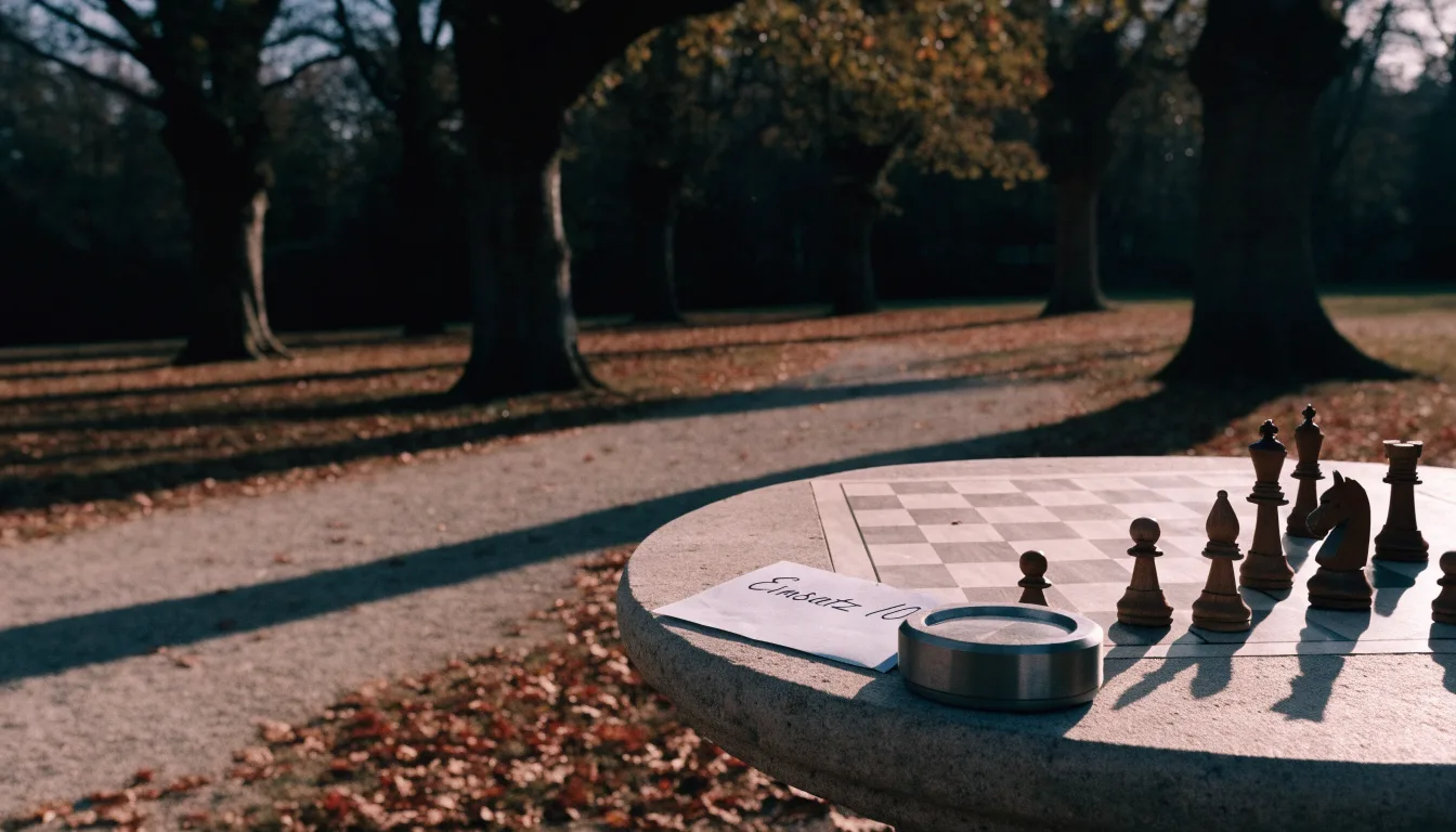 Ein Parkbank-Tisch mit eingelassenem Spielfeld unter alten Kastanien, auf den Wegen liegt Laub und die Sonne steht tief.