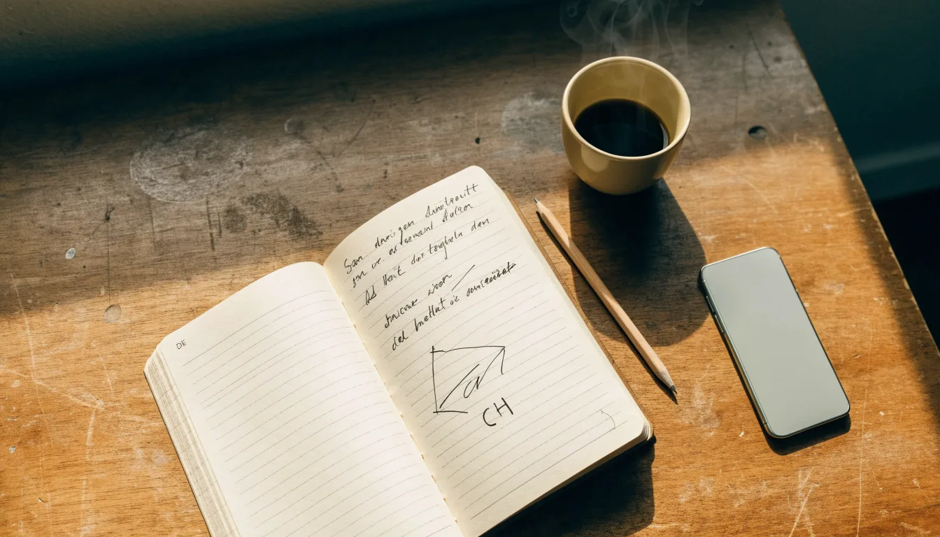 Ein aufgeschlagenes Notizbuch mit handschriftlichen Skizzen neben einem Bleistift und einer Kaffeetasse auf einem Holztisch.