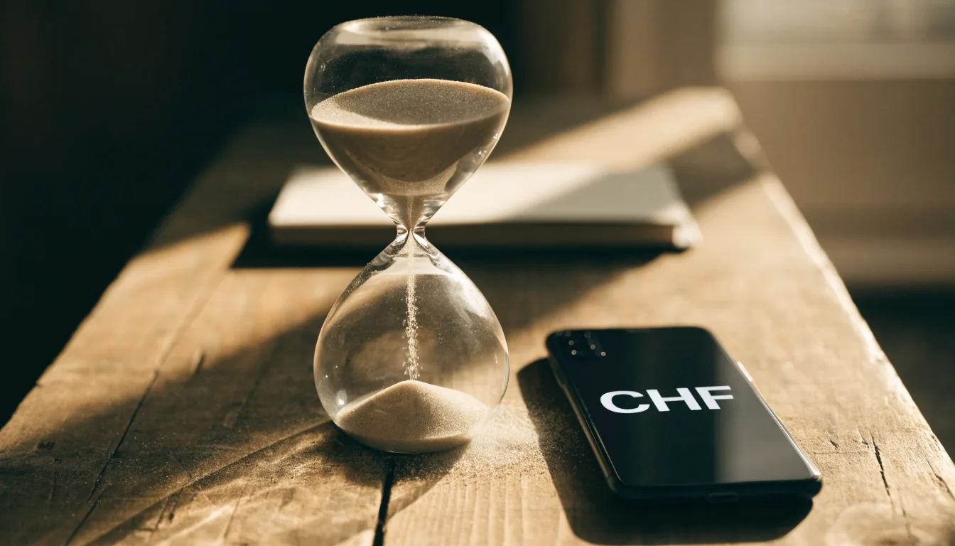 Eine Sanduhr steht auf einem Holztisch neben einem umgedrehten Smartphone, warmes Licht fällt von der Seite ein.