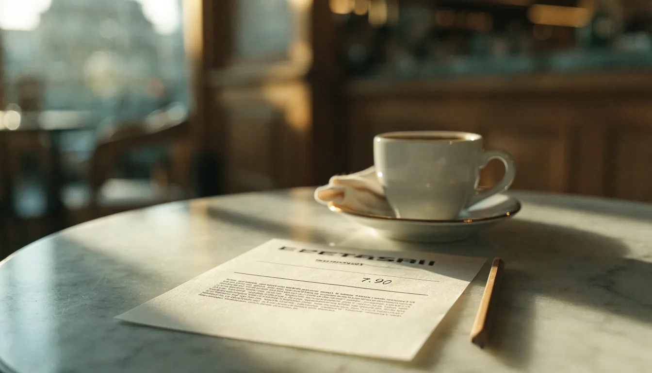 Eine Espressotasse und ein Bleistift liegen auf einem Caféhaustisch neben einer gefalteten Stoffserviette im Licht der Morgensonne.