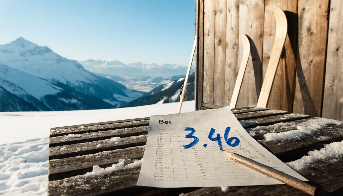 Zwei Skier stecken aufrecht im Schnee neben einer Holzhütte, dahinter ein weites Alpenpanorama bei klarem Himmel.