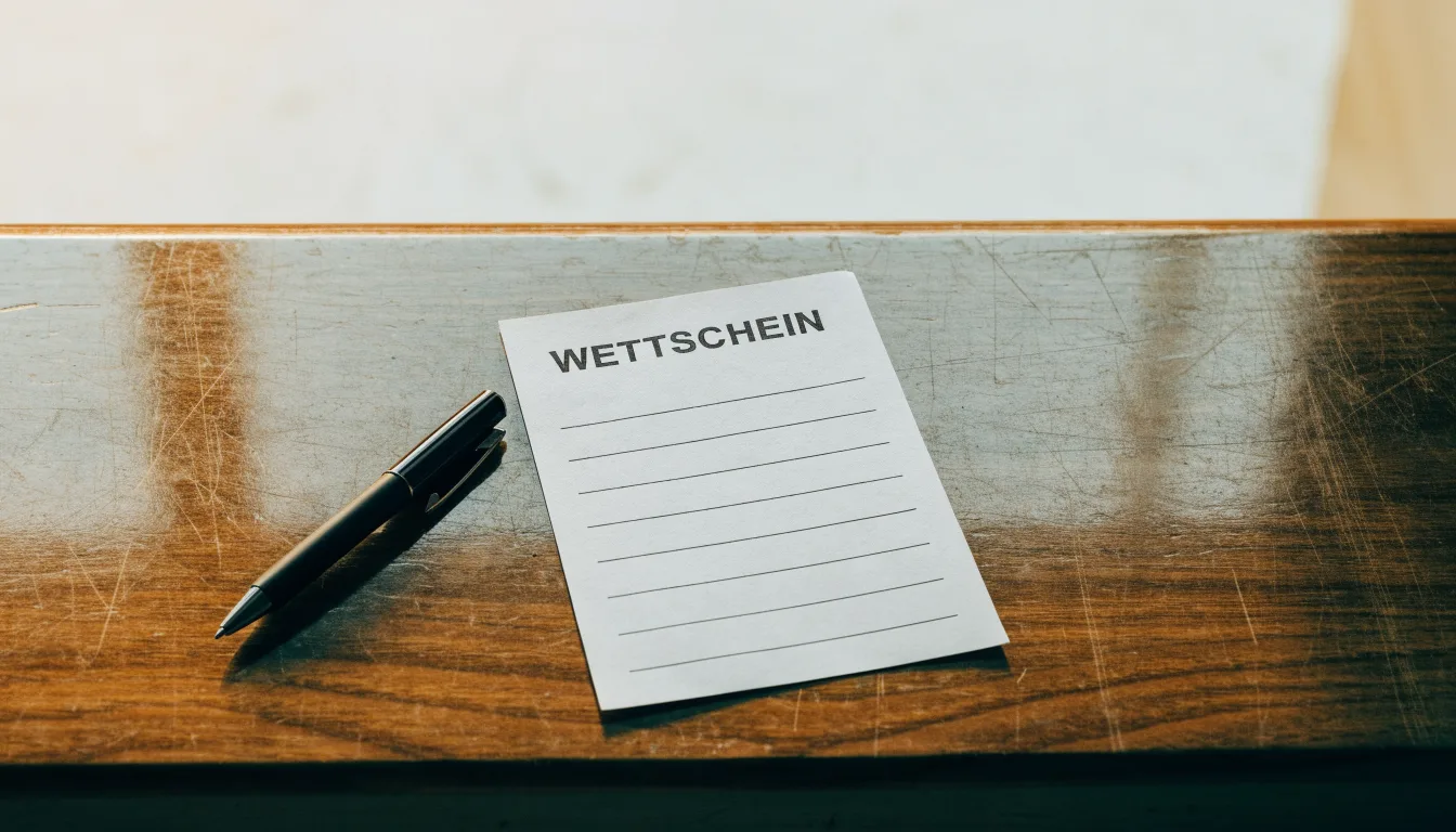 Ein leerer Wettschein aus Papier und ein Kugelschreiber liegen auf einer hölzernen Theke im Nachmittagslicht.