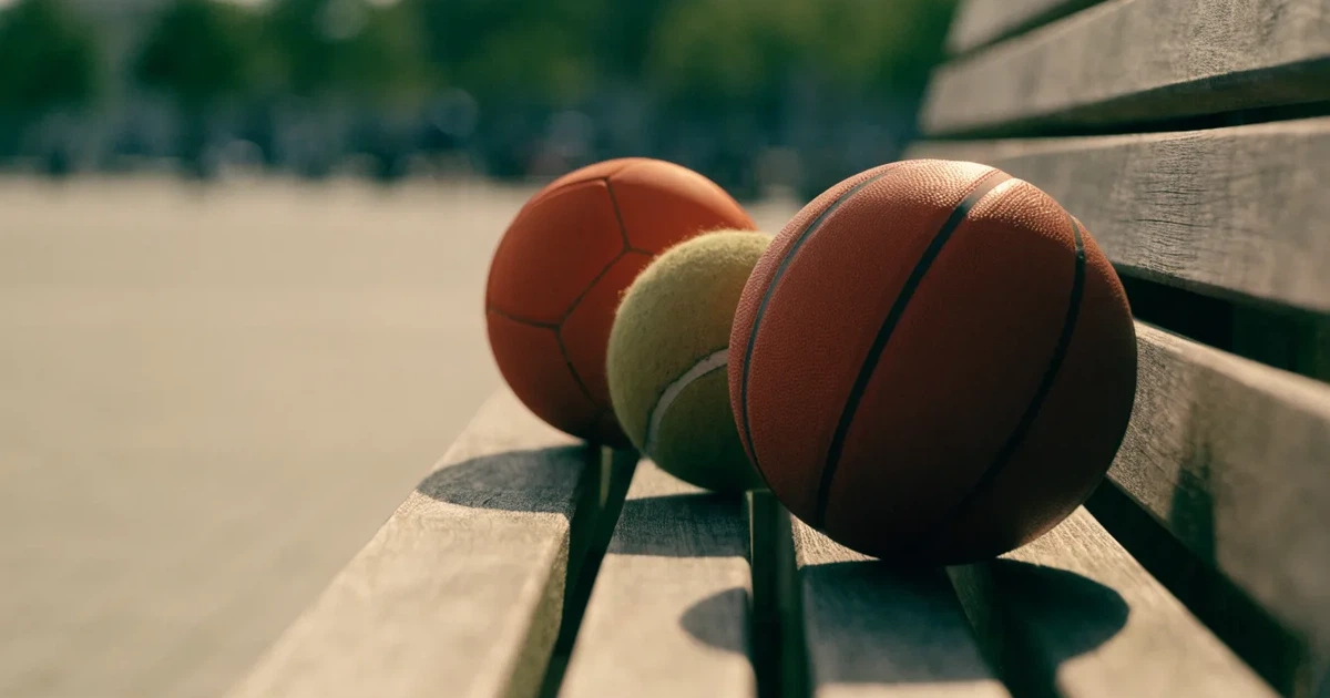 Drei Sportbälle, ein Fussball, ein Tennisball und ein Basketball, liegen nebeneinander auf einer Holzbank.