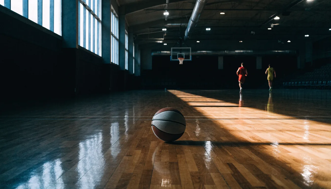 Ein Basketballkorb hängt in einer leeren Turnhalle, durch hohe Fenster fällt Licht auf das Holzparkett.
