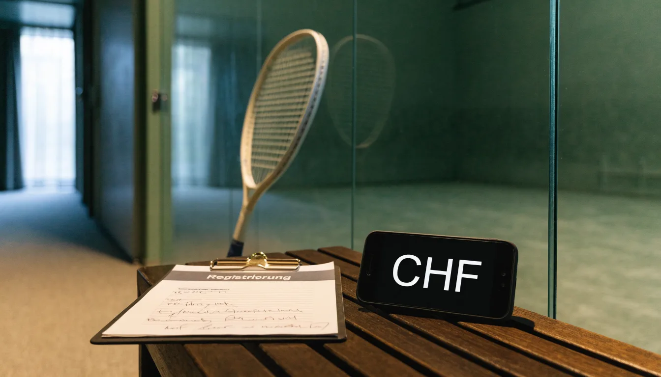 Ein Squashschläger lehnt an der Glaswand eines leeren Courts, draussen fällt Tageslicht in den Gang.