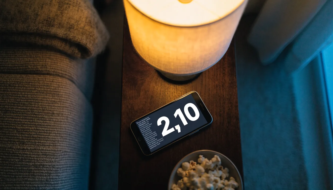 Ein Sofa mit Wolldecke und eine Schale Popcorn auf dem Couchtisch in einem Wohnzimmer bei Lampenlicht am späten Abend.
