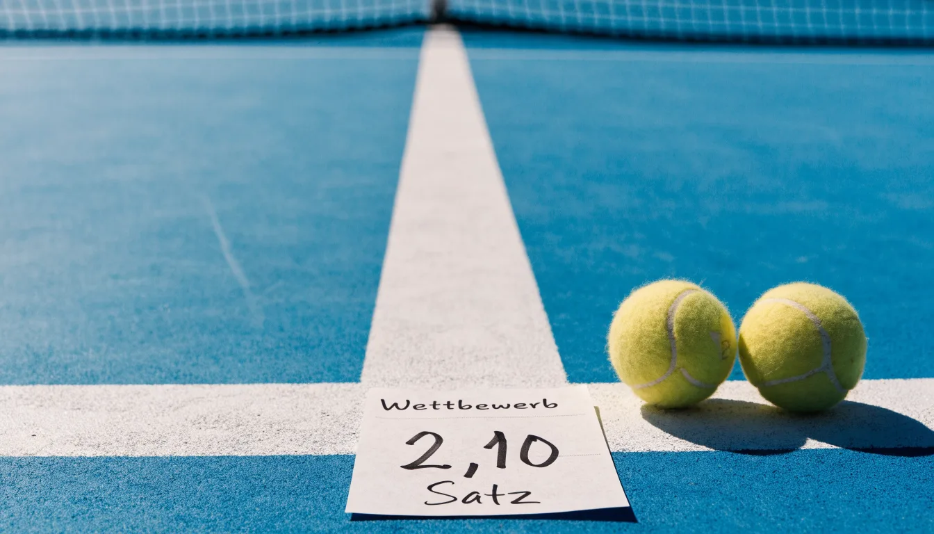 Zwei Tennisbälle liegen auf der weissen Grundlinie eines Hartplatzes im grellen Sonnenlicht.