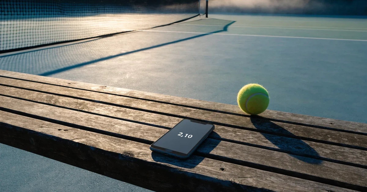 Ein leerer Tennisplatz im Morgengrauen, der Netzschatten fällt lang über den Platz, über der Grundlinie liegt leichter Nebel.