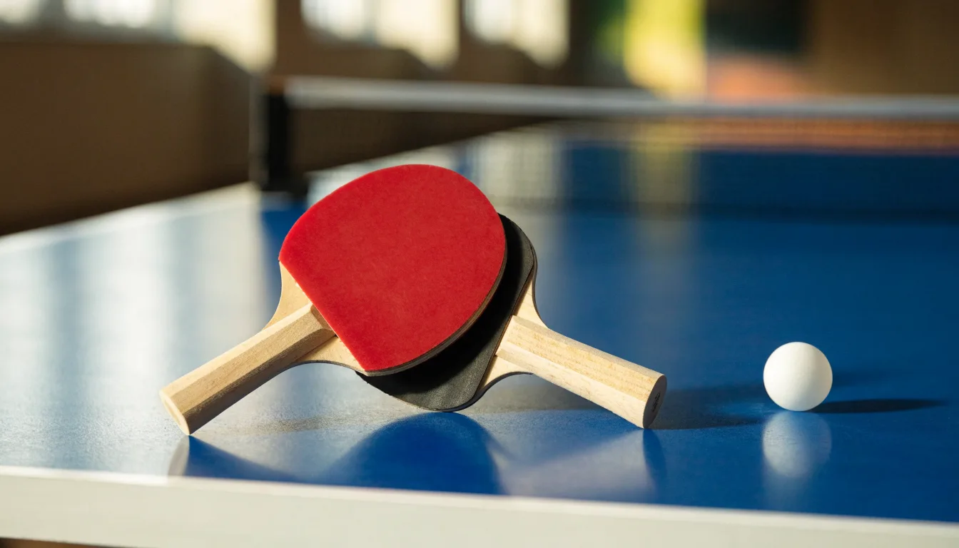 Zwei Tischtennisschläger liegen gekreuzt am Rand einer Platte, daneben ein kleiner weisser Ball.