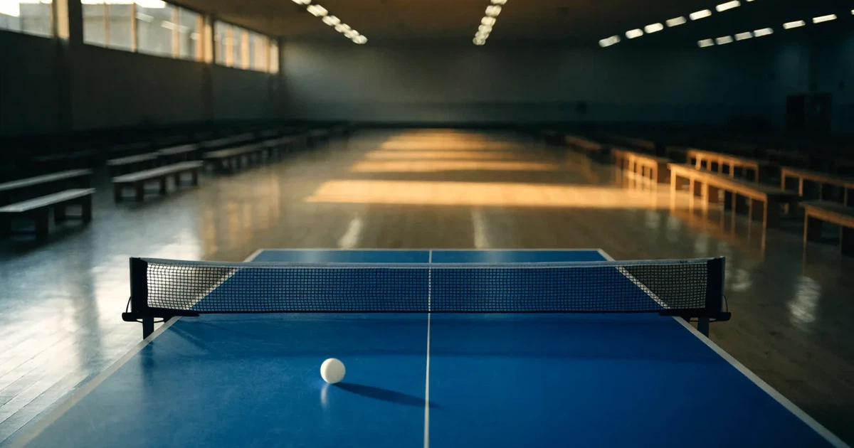 Eine Tischtennisplatte mit Netz in einer leeren Sporthalle, ein heller Ball liegt auf einer Seite, Deckenlicht spiegelt sich im Hallenboden.