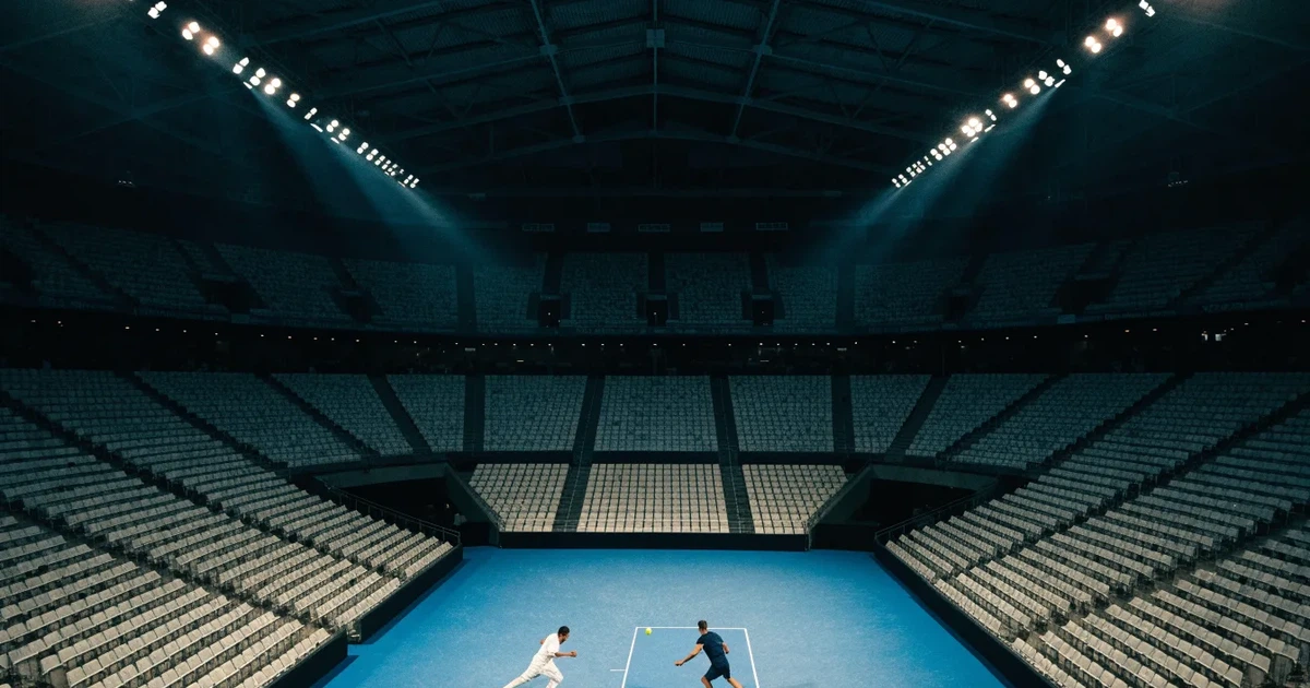 Ein hohes Tennisstadion mit geschlossenem Dach, von innen beleuchtet, leere Sitzreihen umschliessen den blauen Hartplatz.
