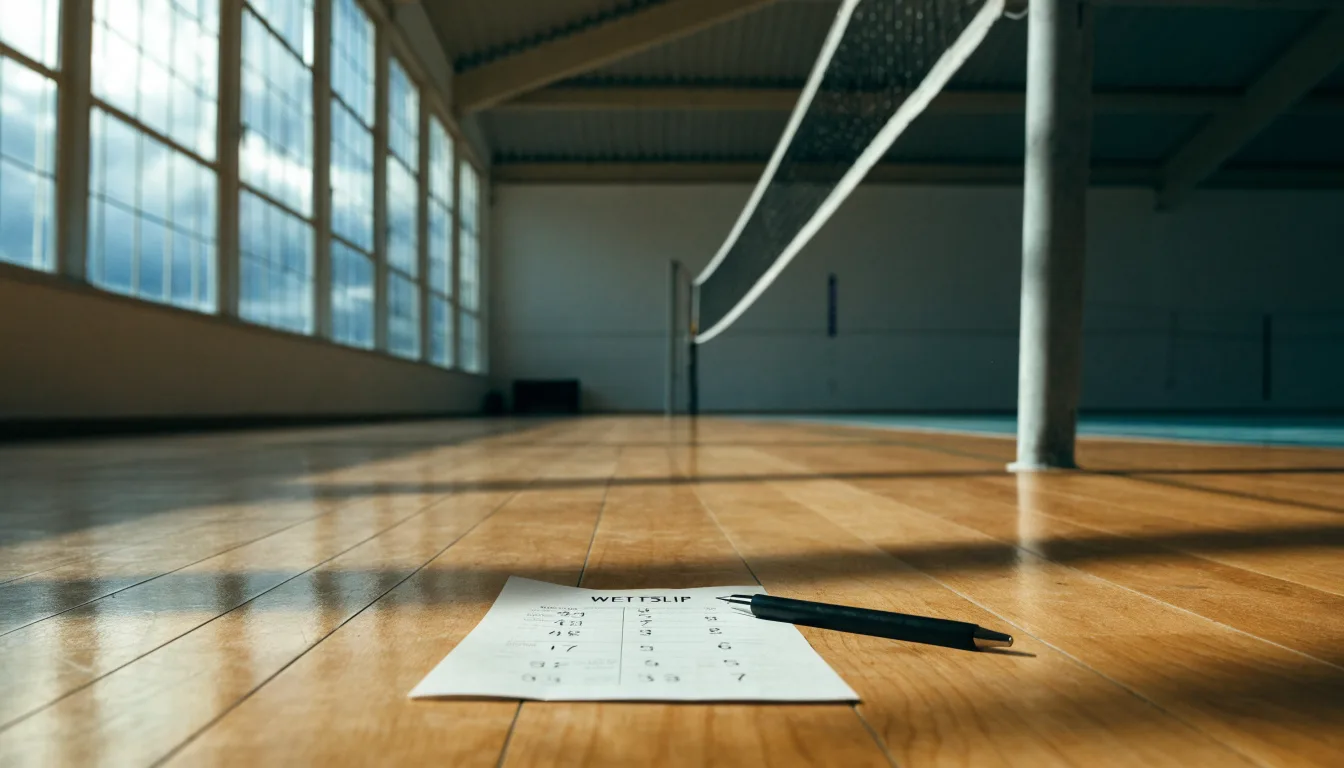 Eine Sporthalle mit gespanntem Volleyballnetz über poliertem Holzboden, hohe Fenster lassen Tageslicht herein.