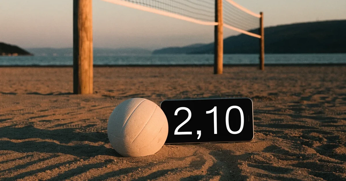 Ein Volleyball liegt im Sand eines Beachplatzes, zwischen zwei Pfosten ist ein Netz gespannt, tiefe Abendsonne wirft lange Schatten.