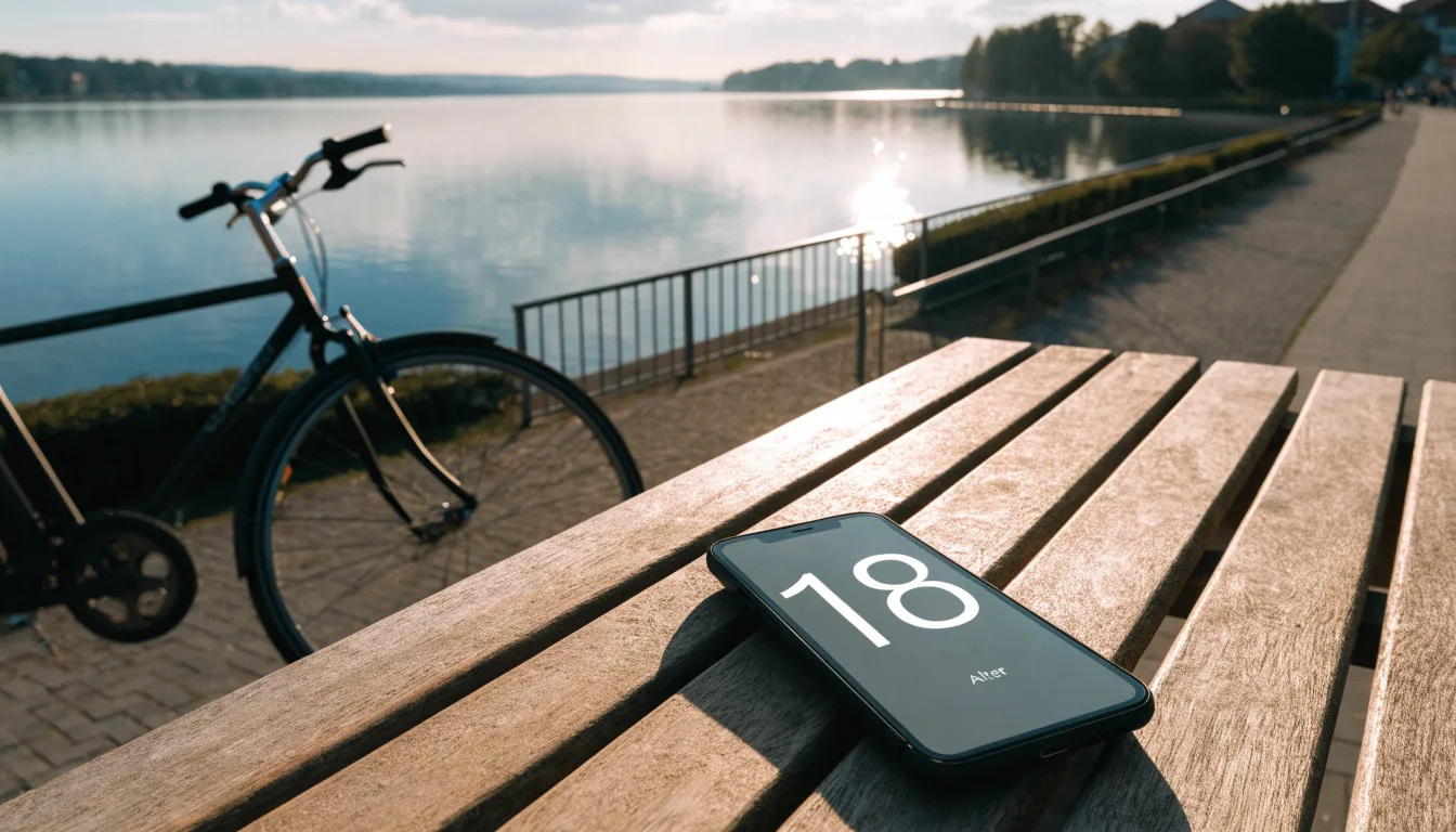 Ein Fahrrad lehnt an einem Geländer einer Uferpromenade an einem See im Sonnenlicht.