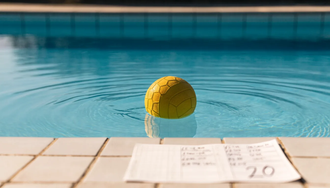 Ein gelber Ball treibt auf ruhigem türkisfarbenem Beckenwasser, feine Wellen im weichen Licht.