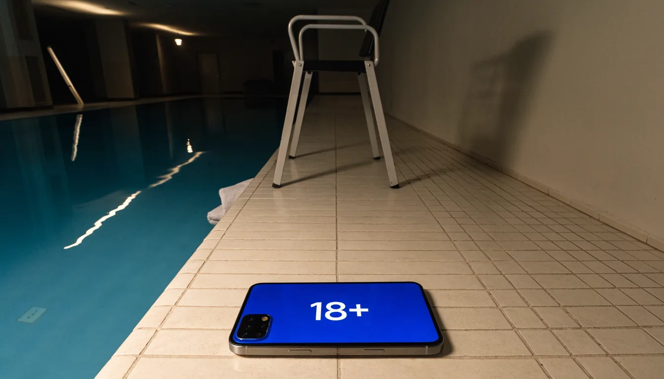 Ein Bademeisterstuhl neben einem Hallenbad zur Schliesszeit, gedimmtes Licht, glatte Wasseroberfläche.