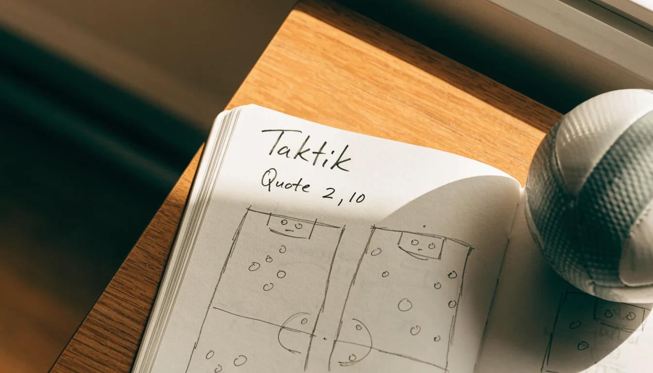 Ein aufgeschlagenes Notizbuch mit Bleistiftskizzen und ein kleiner Fussball liegen auf einem Holztisch im Tageslicht.