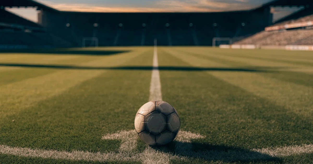 Ein Fussball liegt auf dem Anstosspunkt eines leeren Rasenplatzes, dahinter ragen die Ränge eines grossen Stadions in der Abenddämmerung auf.