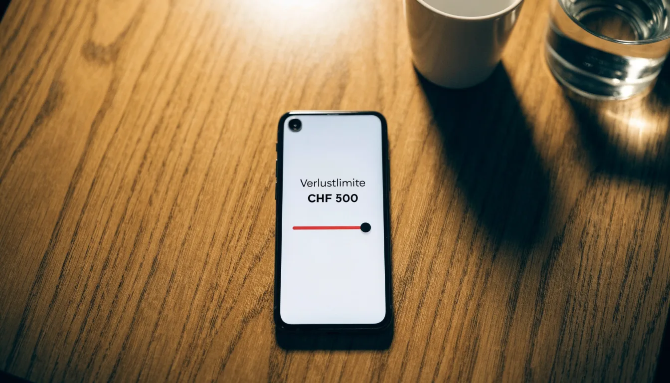 Ein Smartphone mit dunklem Display liegt neben einer Kaffeetasse und einem Glas Wasser auf einem Holztisch im Licht einer Lampe.