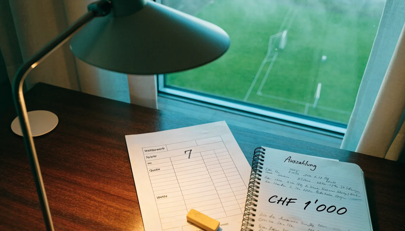 Ein Schreibtisch am Fenster mit Schreibtischlampe, Bleistift und leerem Block, draussen liegt ein Fussballplatz im Dunst.