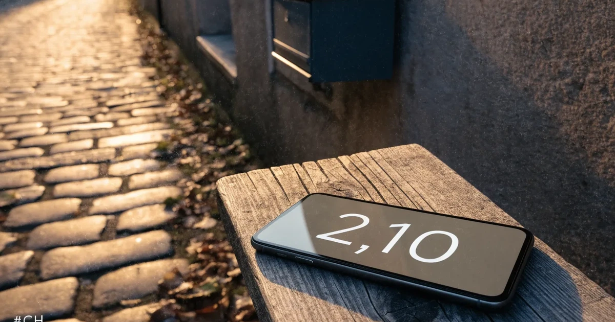 Ein Briefkasten aus Metall hängt an einer Steinmauer in einer Schweizer Gasse, Herbstlaub liegt auf dem Pflaster.