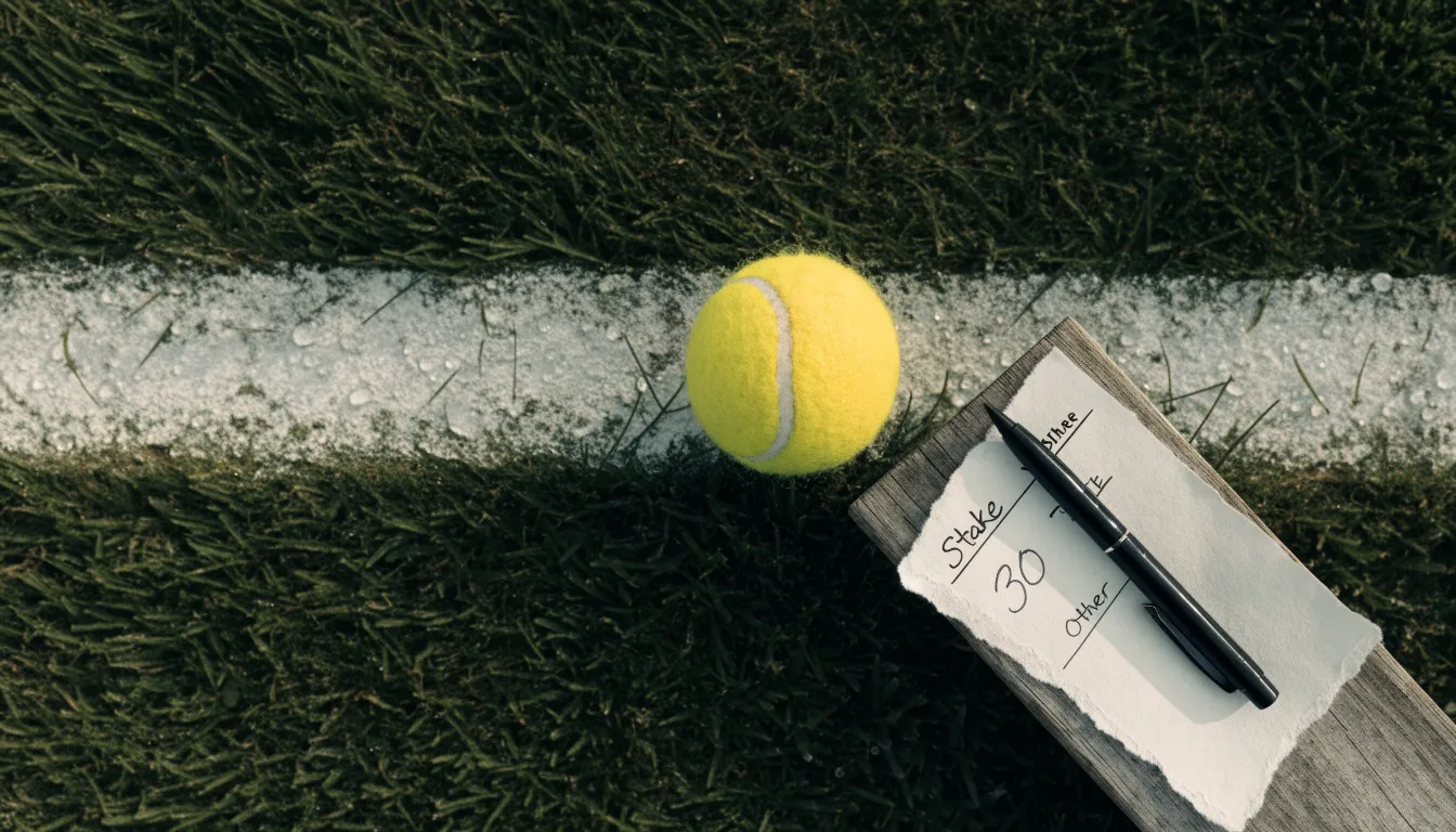 Ein gelber Tennisball liegt im Gras neben der weissen Grundlinie, Tau glitzert auf den Halmen im flachen Sonnenlicht.