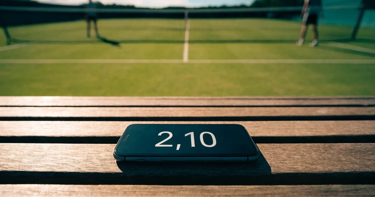 Ein Tennisplatz aus Rasen im ersten Morgenlicht mit frisch gezogenen Linien, einem Netz und einem leeren Schiedsrichterstuhl, dahinter hohe Hecken.