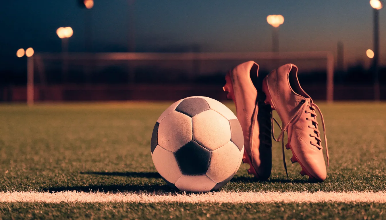 Ein Fussball und ein Paar Stollenschuhe stehen am Rand eines Kunstrasenplatzes, Flutlichtmasten ragen in den Abendhimmel.