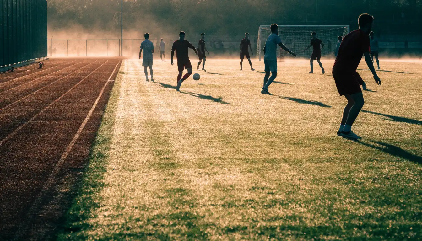 Eine rote Laufbahn umringt ein Fussballfeld beim Sonnenaufgang, auf dem Rasen liegt Tau.