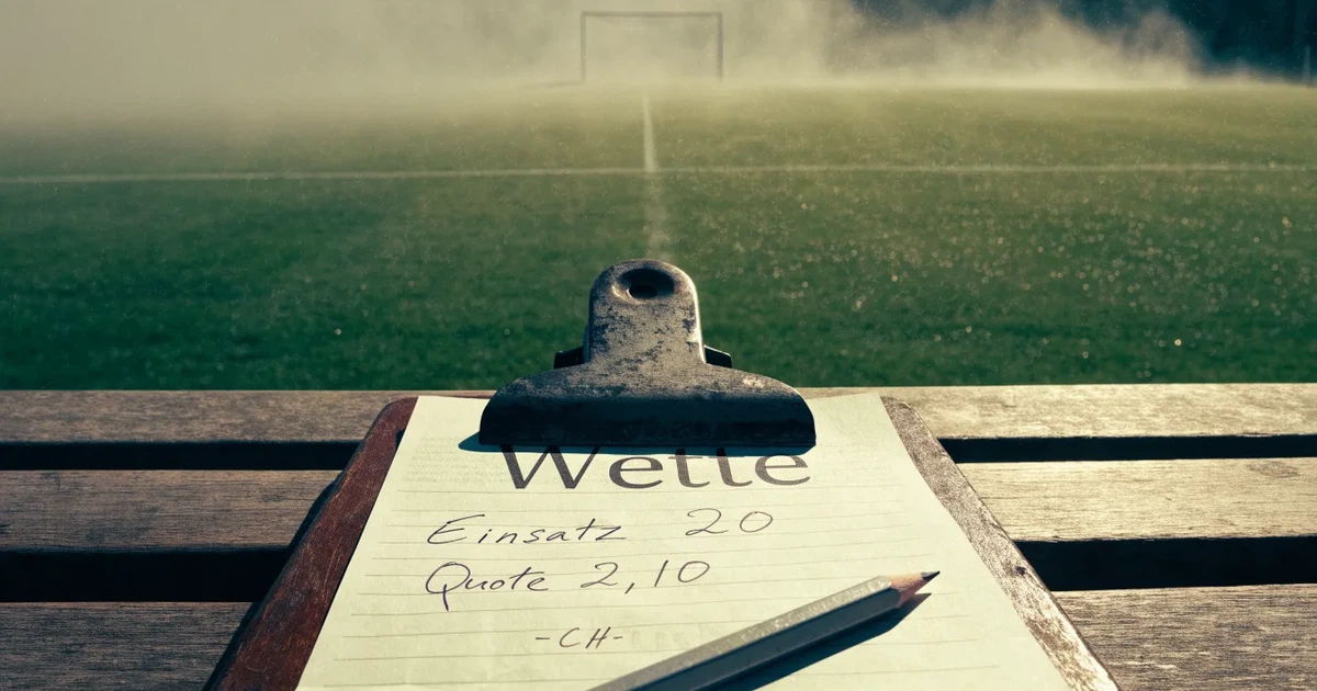 Ein Klemmbrett mit leerem Papier und ein Bleistift liegen auf einer Tribünenbank, darunter ein Rasenplatz im Frühnebel.