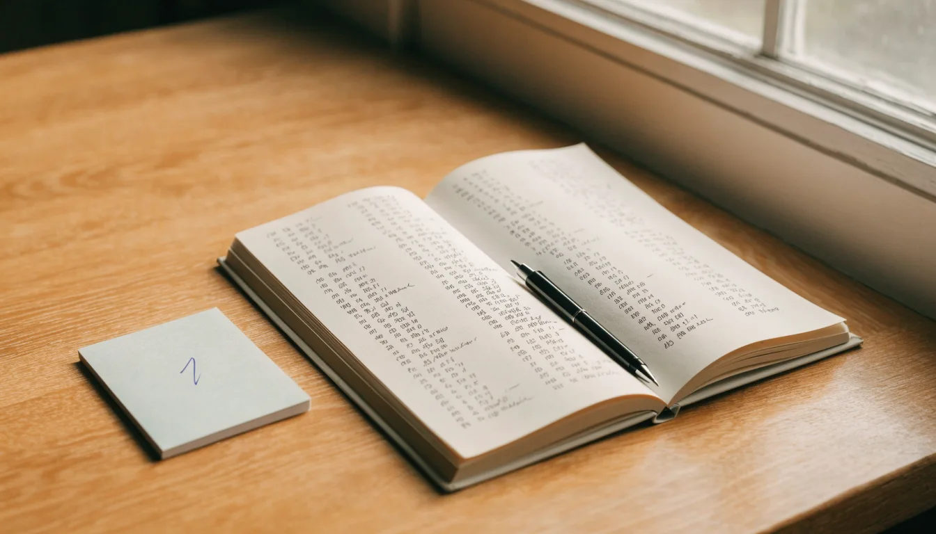 Ein aufgeschlagenes Notizbuch mit handschriftlichen Notizen und ein Kugelschreiber liegen auf einem Holztisch neben einem Fenster mit Tageslicht.