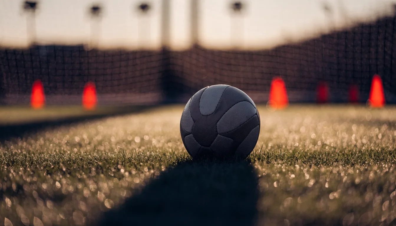 Ein Fussballschuh hängt an den Schnürsenkeln an einem Zaunpfosten neben einem Trainingsplatz im Abendlicht.
