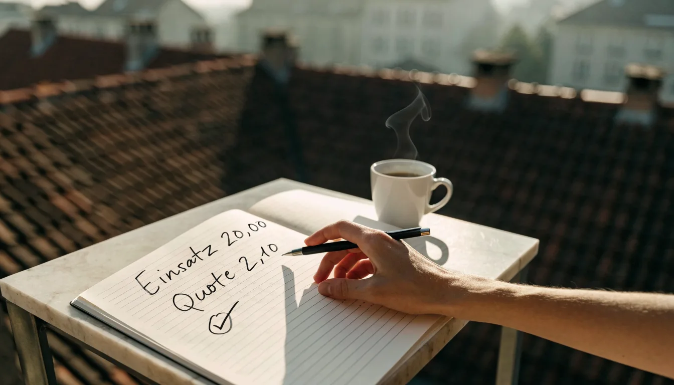 Eine Kaffeetasse und ein aufgeklappter leerer Notizblock stehen auf einem Balkontisch mit Blick über Hausdächer.