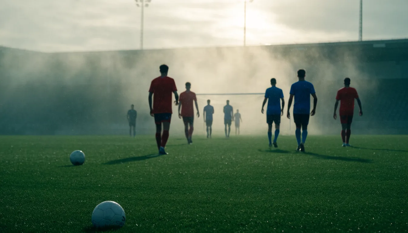 Ein Torpfosten mit Netz steht im Gegenlicht auf einem leeren Fussballplatz, über dem Rasen liegt Nebel.
