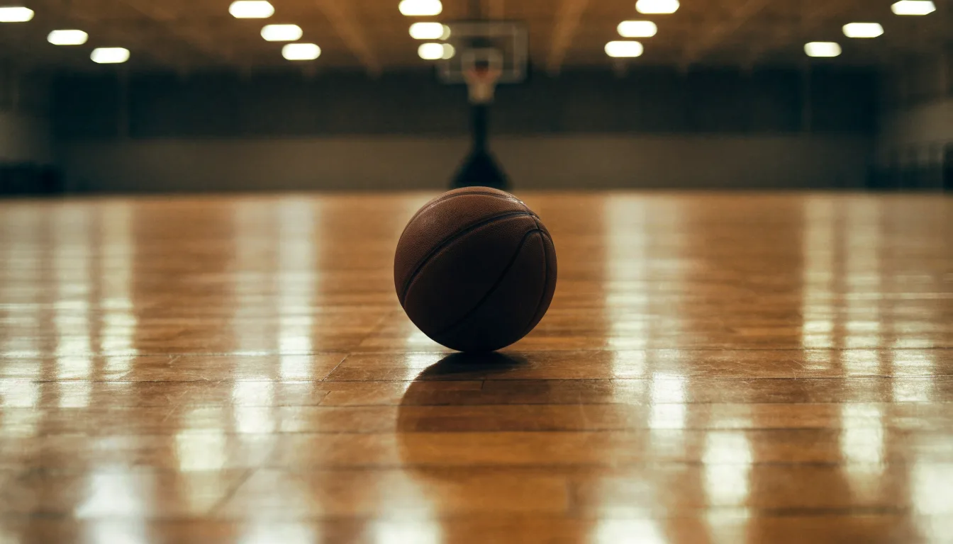Ein Basketball liegt auf dem Parkett einer leeren Sporthalle im Licht der Deckenlampen.