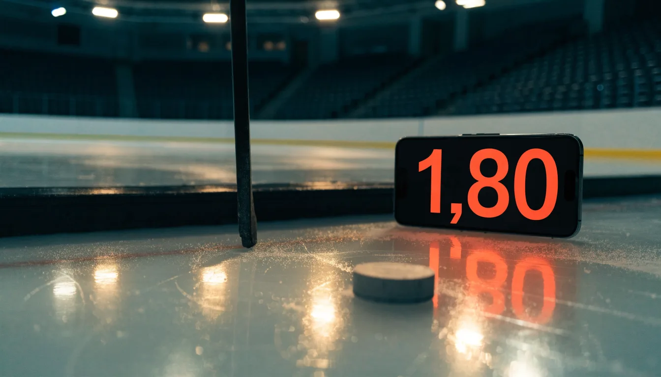 Ein Eishockeyschläger lehnt an der Bande einer leeren Halle, auf dem Eis spiegeln sich die Deckenlampen.