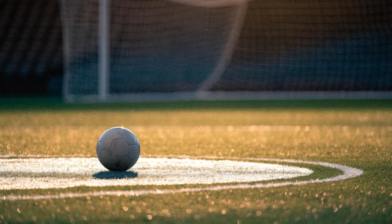 Ein einzelner Fussball liegt auf dem Elfmeterpunkt eines leeren Strafraums, der Rasen glänzt nass.