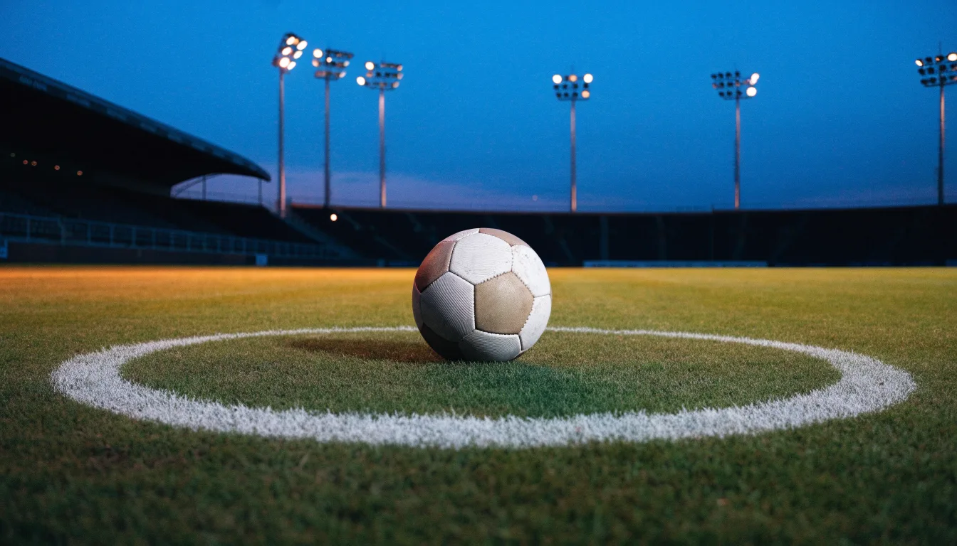 Ein Fussball liegt auf dem Mittelpunkt eines leeren Rasenplatzes, im Hintergrund ragen Flutlichtmasten in die Abenddämmerung