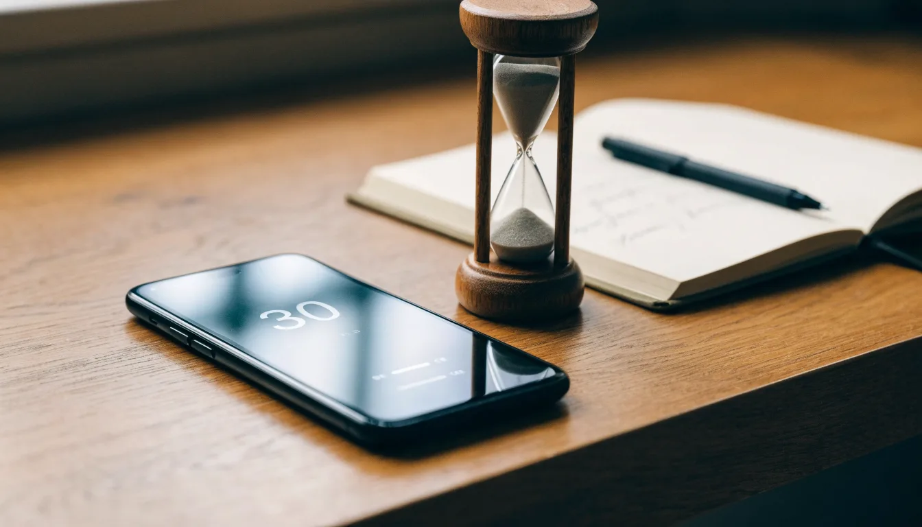 Eine Sanduhr steht neben einem Smartphone mit dunklem Display auf einem Holztisch, ruhiges Tageslicht fällt von der Seite ein
