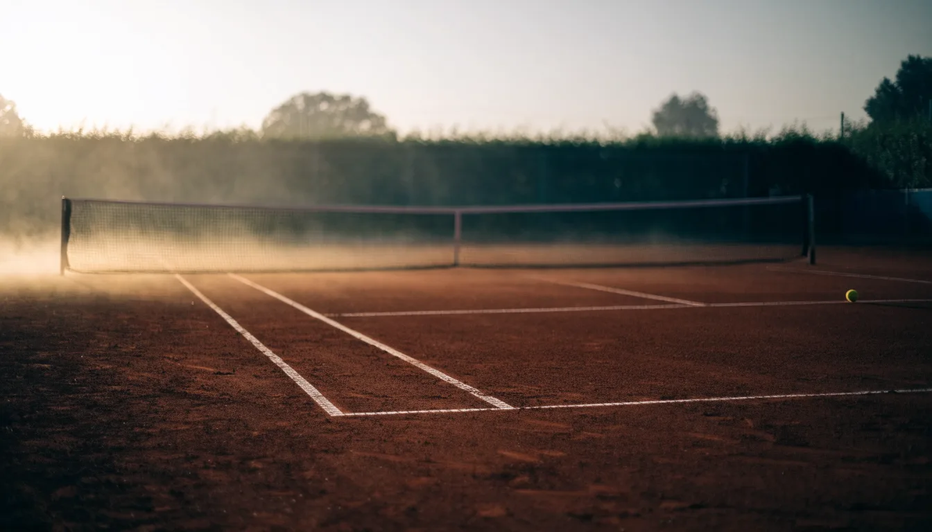 Ein Tennisplatz mit Sandbelag in der Morgendämmerung, Netz und Linien liegen im ersten Licht, Nebel hängt über dem Boden