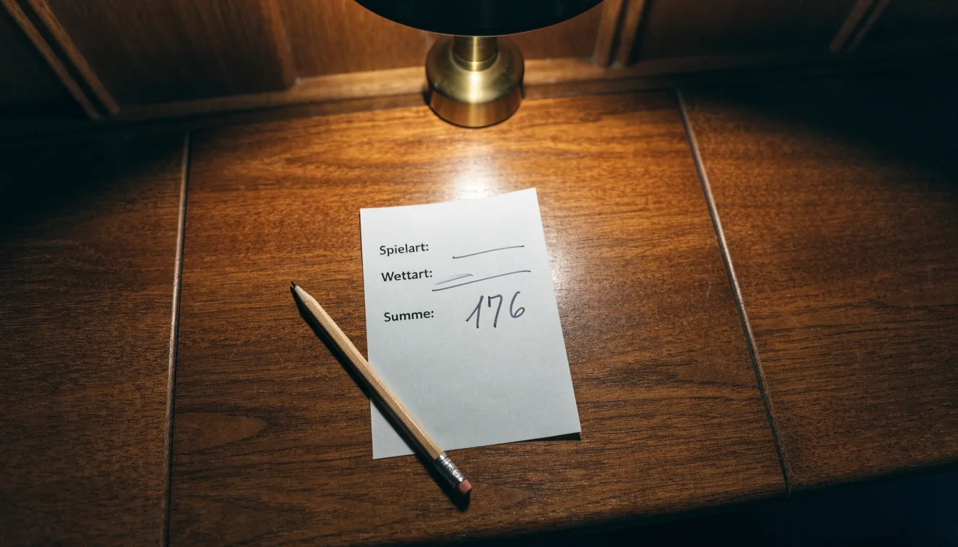 Ein leerer Wettschein aus Papier und ein Bleistift liegen auf einem Holztresen, warmes Licht einer Lampe