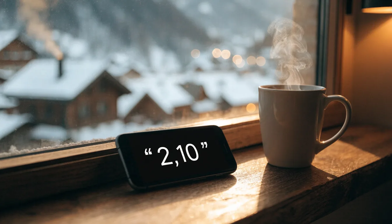 Ein Bergdorf mit Holzhäusern im Schnee, Rauch steigt aus einem Kamin, später Nachmittag mit tiefem Licht