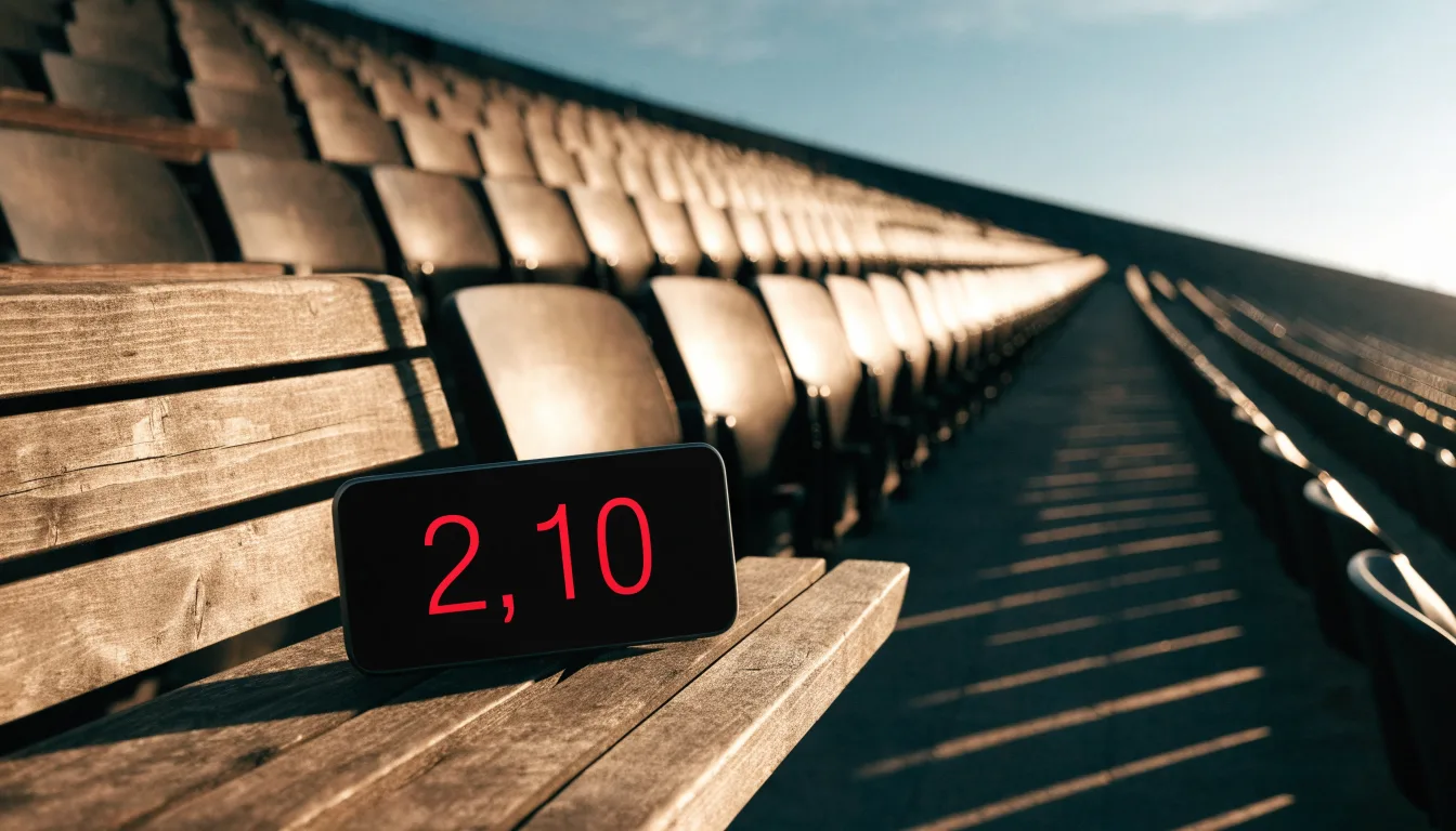 Eine leere Stadiontribüne bei Sonnenaufgang aus der Ferne, lange Schatten fallen über die Sitzreihen