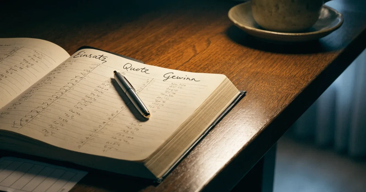 Ein Notizbuch mit handschriftlichen Spalten und ein Kugelschreiber neben einem Taschenrechner, Licht einer Schreibtischlampe
