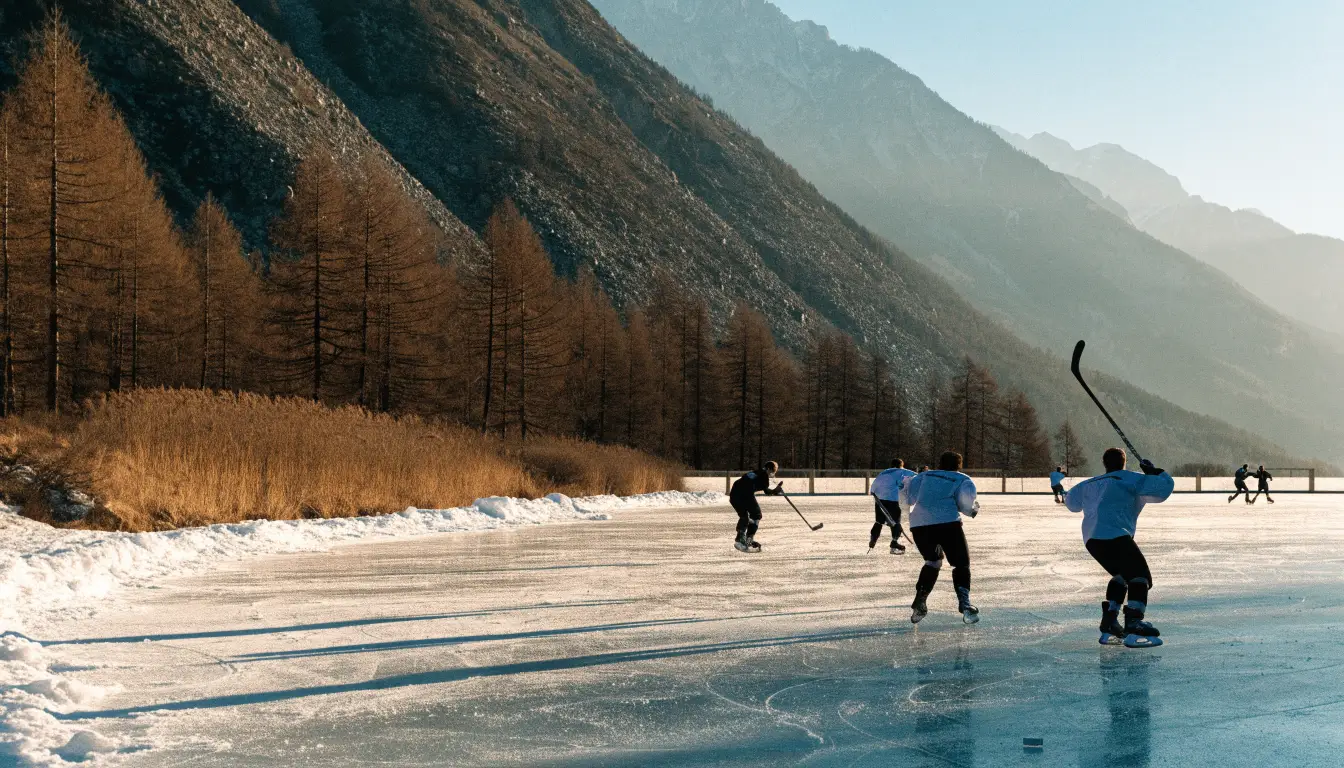 Ein Eishockeyfeld im Freien auf einem zugefrorenen See, Schneewehen an den Banden, klare Winterluft